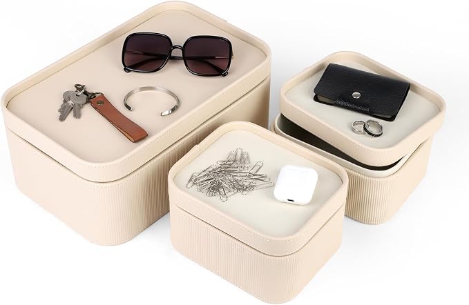 HofferRuffer Faux Leather Decorative Storage Boxes, Dust proof Storage Shelf Baskets with Lids Trays, Storage Bins Memory Box Organizer for Home, Office, Jewelry & More, Set of 3 (Beige)