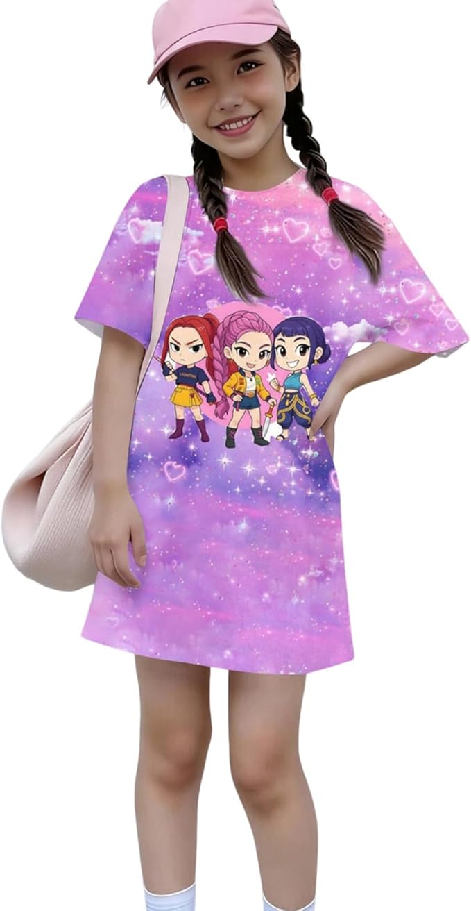Girl's Anime K-POP Graphic Long Dress T-Shirt - Casual Loose Fit Short Sleeve Top