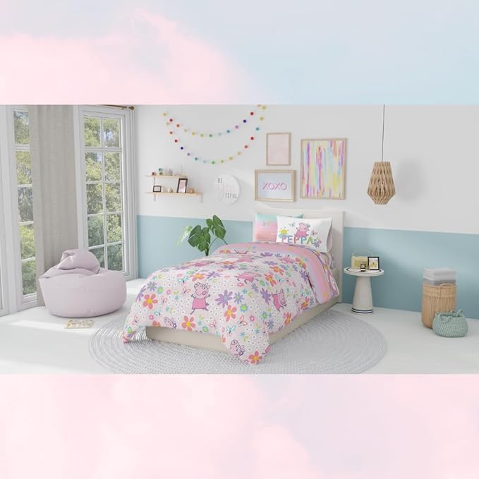 Peppa Pig Kids Bedding Super Soft & Cozy Reversible Microfiber Comforter and Sheet Set with Sham, 5 Piece Twin Size, (Officially Licensed Product) by Franco