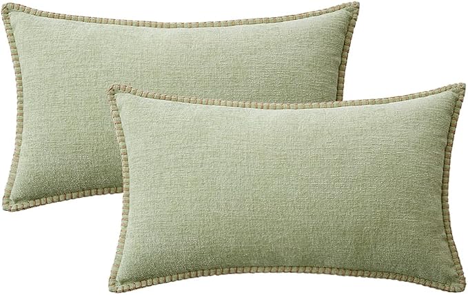 MIULEE Decorative Lumbar Throw Pillow Covers 12x20 Inch Light Green 2 Pack | Farmhouse Pillow Covers with Stitched Edge, Soft Chenille Cushion Cases, for Couch Sofa Bed Living Room Home Decor