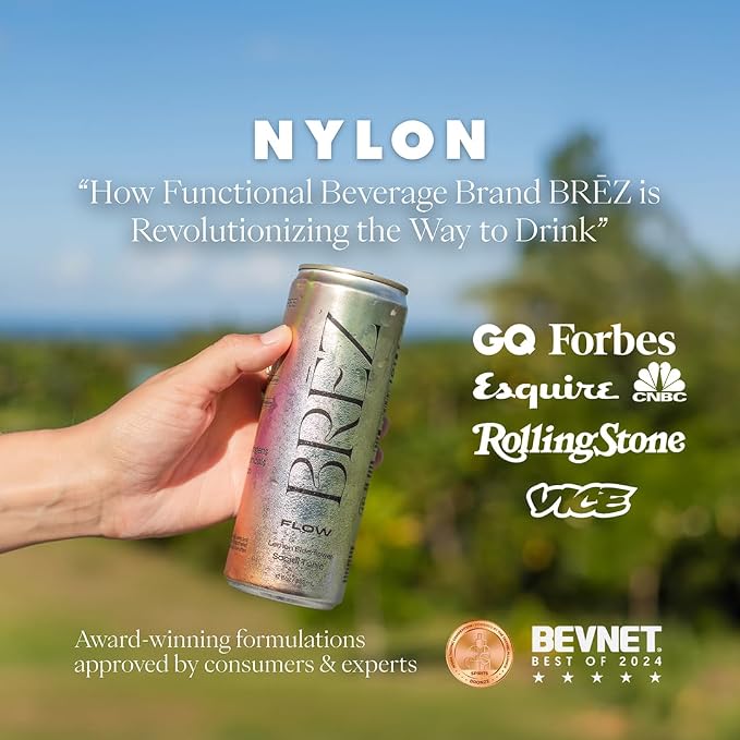 BRĒZ FLOW Alcohol Alternative Drink – Non Alcoholic Sparkling Drink with Lion’s Mane Mushroom, Lemon Elderflower, Adaptogen Beverage for Mood & Focus, Alcohol Alternatives with a Buzz, 24 Pk 12 Fl Oz