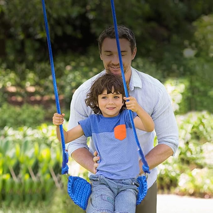 Hand-Knitting Kids Swing, Indoor Outdoor Portable Tree Swing Seat,Adjustable Ropes, with Hanging Strap and Snap Hook for Camping Hiking Backyard Playset and Playroom, Easy Install(Blue)
