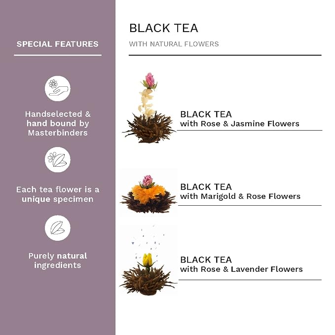 Creano Abloom Tea - Blooming Gift Set in Wooden Box - 12 Pieces in 3 Variations, Black