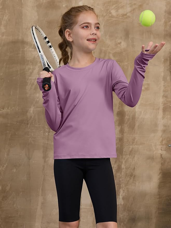 ZDC Girls Long Sleeve Athletic Shirts Kids Crewneck Quick Dry Workout Yoga Tops Basic Tees Activewear