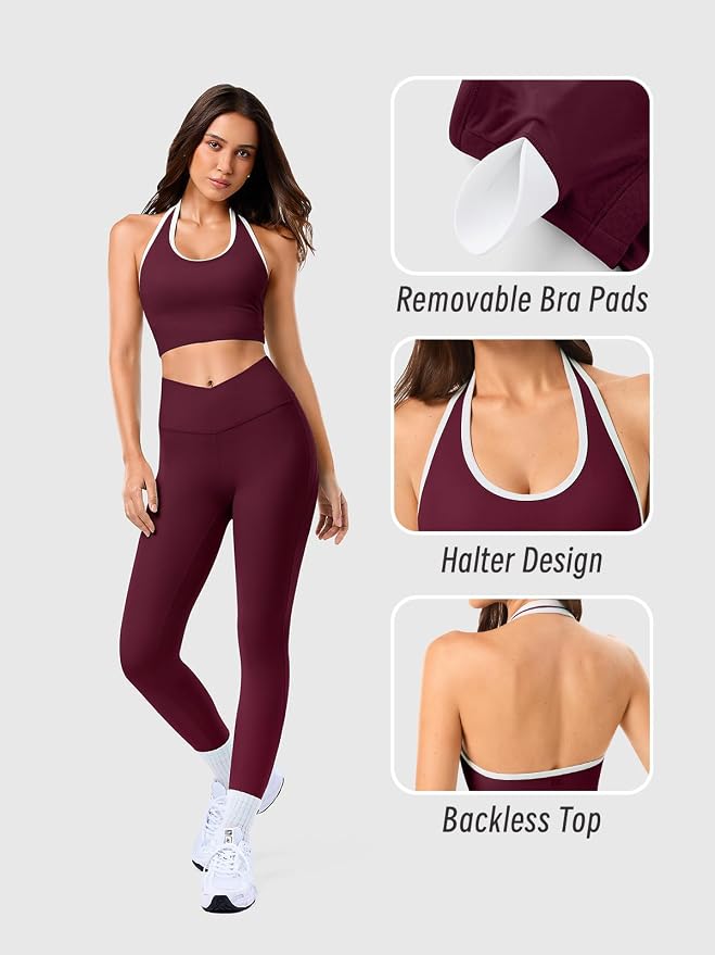 Halter Workout Top for Women: Open Back Sports Bra Color Block Tops with Built in Bra Yoga Gym Crop