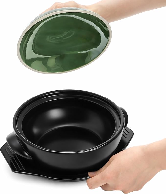 Okllen Large Korean Ceramic Bowl with Lid and Trivet, 54 oz Clay Pot for Cooking, Sizzling Hot Pot for Dolsot Bibimbap, Soup, Casserole, Rice, Stew, Noodle，Retro Green