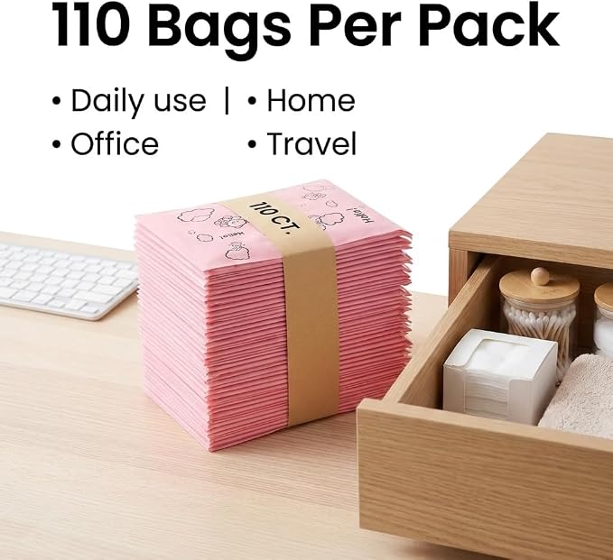 [110 Count] Bynibiny Pink Feminine Hygiene Disposal Bags for Pads & Tampons | PE Self-Sealing Sanitary Napkin Bags with Adhesive Strip, 29x17cm, Teddy Bear Print, Discreet for Bathroom, Travel, Office