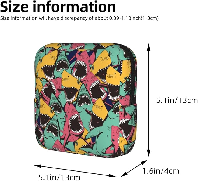 Cartoon Angry Shark Biting Period Bag For Women,Portable Sanitary Napkin Period Pad Pouch For Purse, Small Make Up Bags