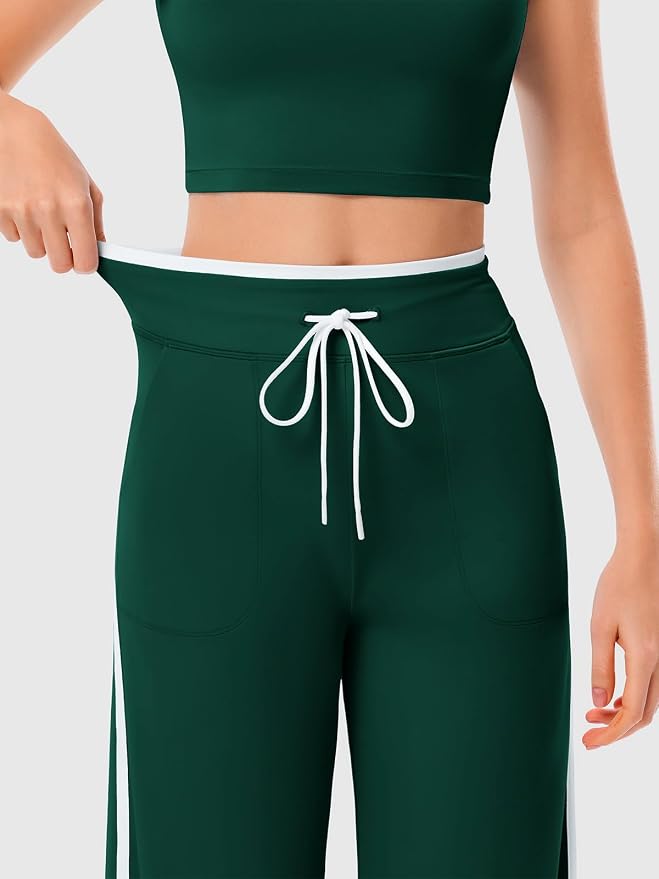 Women's Wide Leg Yoga Pants with Side Stripe, High Waisted Color Block String Lounge Pants, Workout Flowy Track Pants with Pockets
