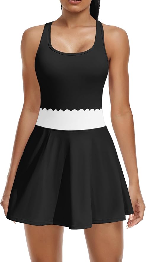 ATTRACO Tennis Outfits for Women Racerback Golf Dress Workout Dress | Athletic Skirt Set, Built-in Shorts, 2 Pockets, Scalloped, Racerback, High Waisted, Pickleball, Workout Set