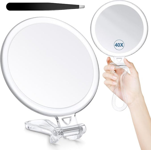 B Beauty Planet 40X Magnifying Mirror, Hand Mirror with Handle, Double Sided Hand Mirror with 40X/1X Magnification, Travel Essential Portable Foldable Makeup Mirror for Precision Makeup Clear