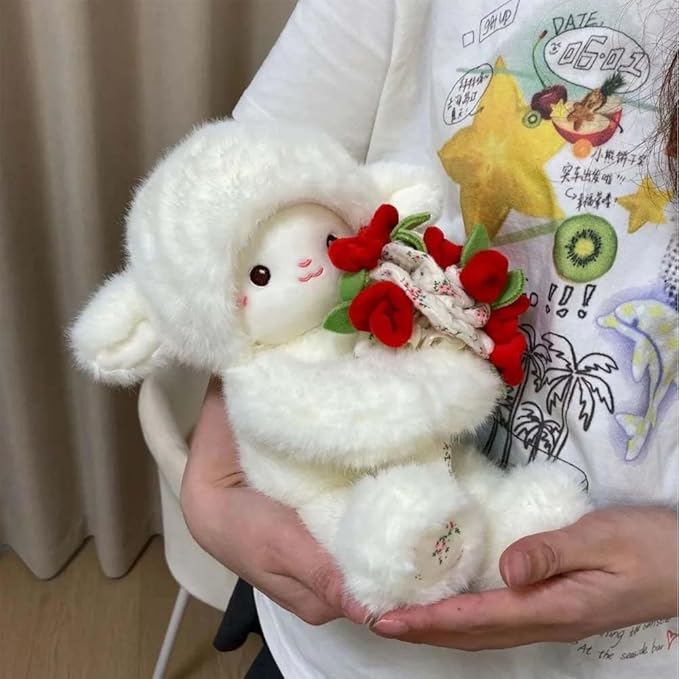 Baby Sheep Bouqet, Rose Bouquet Lamb Plush Toy, Hand Cute Stuffed Sheep with Flower, Emotional Support Animal Desk Decor, Soft Cuddly Pillow with Removable Hat (Purple,15.8 in)