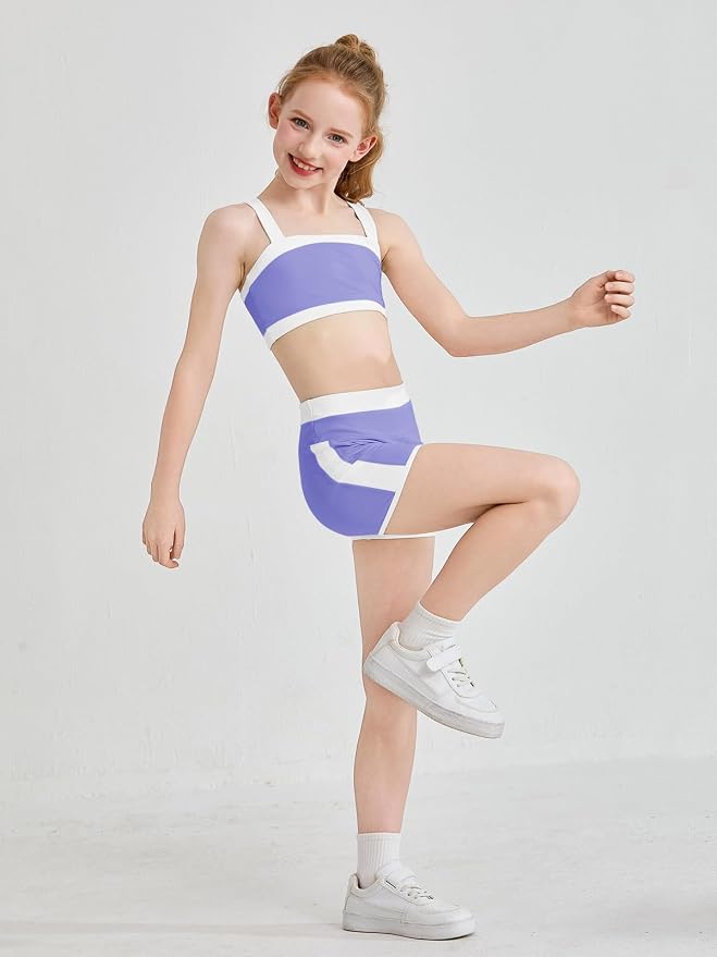 Haloumoning Girls 2 Piece Outfits Athletic Color Block Training Bra and High Waisted Shorts Clothing Sets 5-14Y