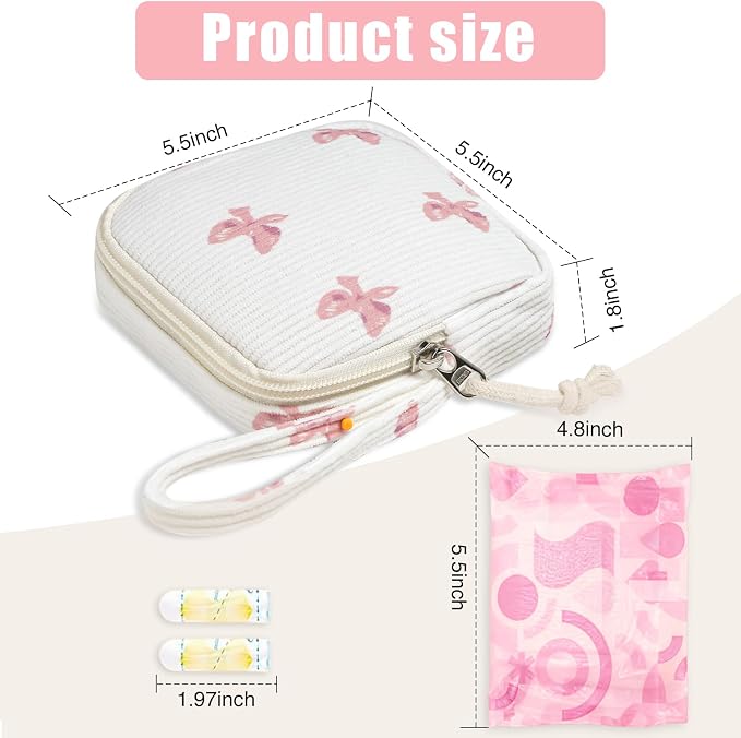 Small Makeup Bag | Discreet Period Bag Pad Pouch for Purse| Sanitary Napkin Storage & Tampon Holder for Travel(Bow pink)