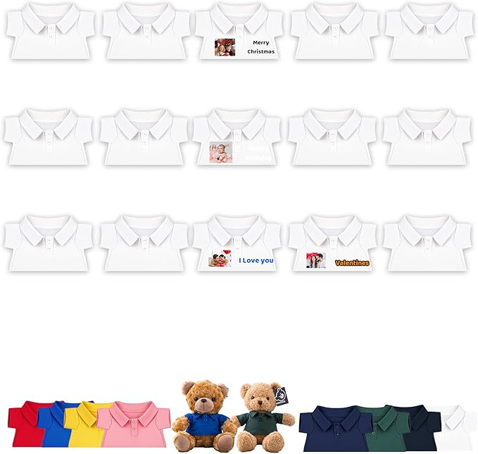 15 Pcs Personalized Teddy Bear Clothes with Name Photo, Custom Stuffed Animal Clothing Fit 8-16 inch Bears Clothes for Stuffed Animals, Doll Clothing Make Your Own Plush Doll Shirt