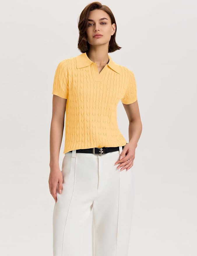 Micoson Womens Short Sleeve Sweater Tops Lapel V Neck Polo Shirts 2026 | Summer Cable Knit Loose Blouses, Business Casual Outfits