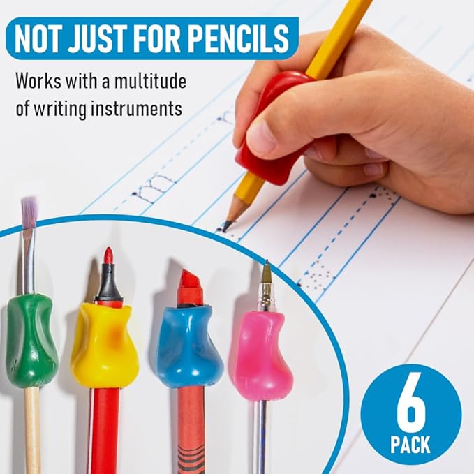 The Pencil Grip Original Pencil Grippers 6 Pcs, Improves Kids Handwriting, Ergonomic Pen Holder for Righties & Lefties, Ideal for Kids, Toddlers, Adults, Writing Tool with Finger Cushion