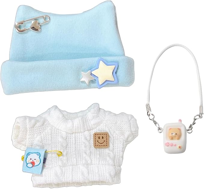 Cute Doll Clothing Set Includes Hat Sweater Doll Clothing with Star and Bear Pins Clothing for 6.7 inch Doll (Clothes Set with White Phone)