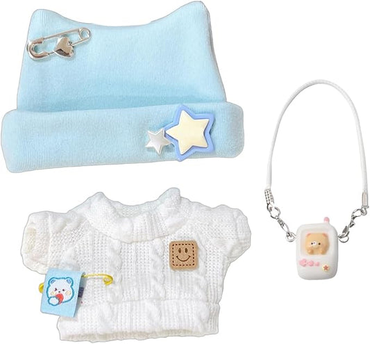 Cute Doll Clothing Set Includes Hat Sweater Doll Clothing with Star and Bear Pins Clothing for 6.7 inch Doll (Clothes Set with White Phone)