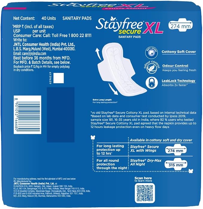 Stayfree Secure Extra Large Cottony Soft Cover Sanitary Pads for Women with Wings, 40 Pads