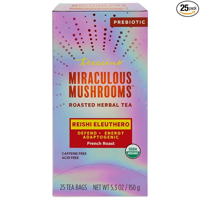 Teeccino Reishi Eleuthero Tea - French Roast - 25 TeaBags - Organic Mushroom Adaptogenic Herbal Tea, 3x More Herbs than Regular Tea Bags, Caffeine Free, Chicory Prebiotic