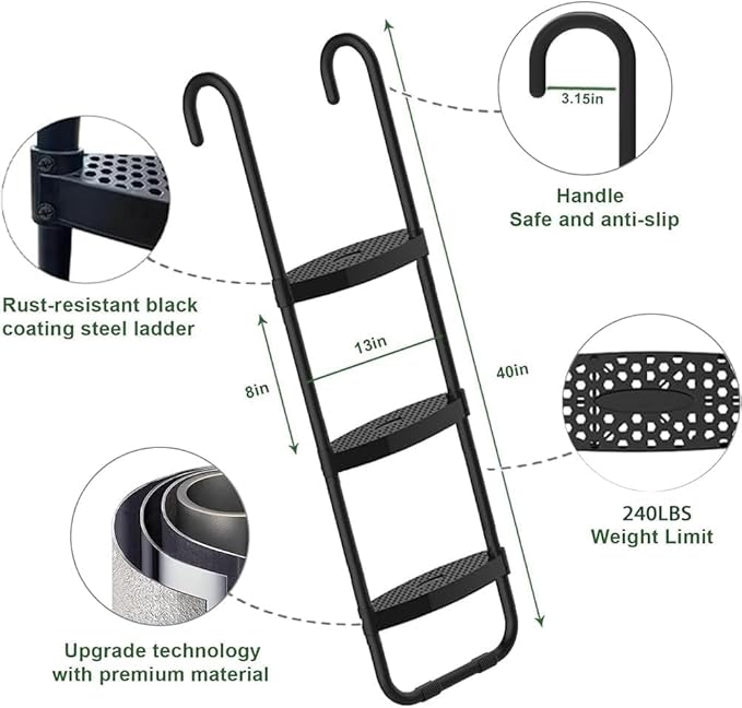 Eurmax USA Universal Trampoline Ladder,240 lbs Capacity,3 Wide Skid-Proof Steps&Shoe Storage Pocket,UV-Resistant Steel Stairs for Kids,Heavy Duty Universal Hook Fit,Trampoline Accessories for Children