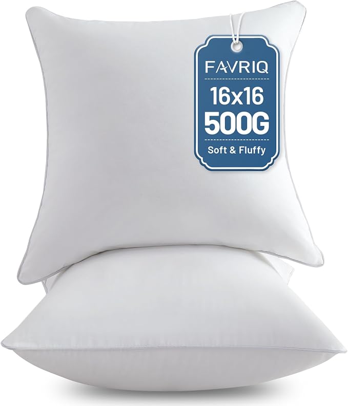 FAVRIQ 16 x 16 Pillow Inserts (Set of 2) - 16 Inch Square Interior Sofa Throw Pillow with 100% Cotton Cover - Decorative Pillow Insert Pair - White Couch Pillow