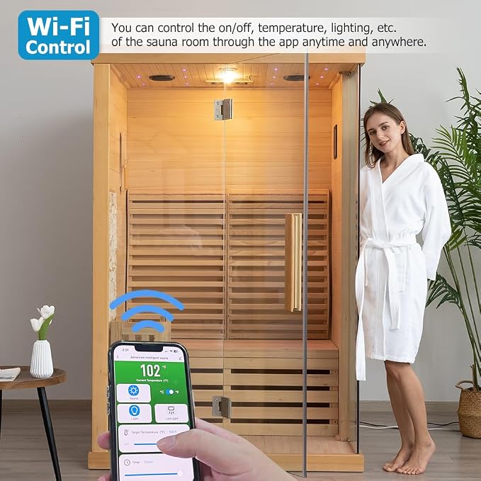 Smartmak Wood Home Traditional Steam Sauna, WiFi Control 2 Person Luxurious Indoor Canadian Hemlock Wooden Spa Room, with 3.5 kw Heater, Backrest, Bluetooth Speaker, Rock, Water Bucket, Spoon, Light