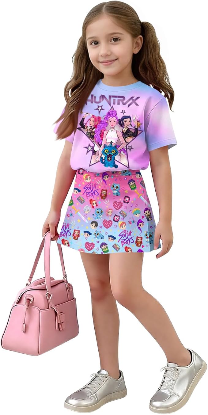 HTHLVMD K Pop Short Sleeve T-Shirt and Skirts Outfits Set for Girls Hunters Rumi Mira Zoey Graphic Tees De-Mon Costume