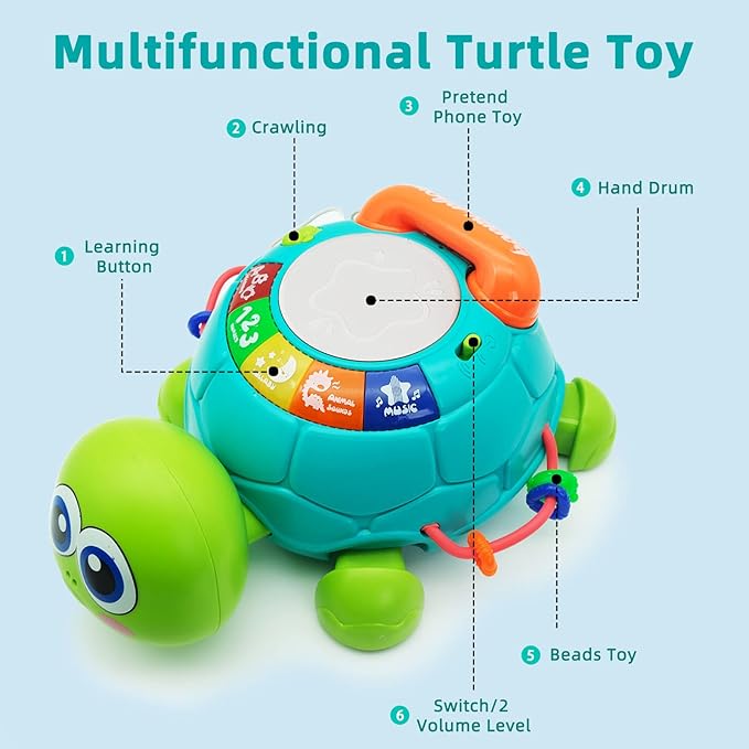 Baby Crawling Toys 6 to 12 Months, Infant Turtle Musical Toys with Phone Hand Drum，Baby 7 8 9 10 11 Months 1-2 Year Old Boy Girl Gift Green