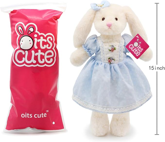 Small Soft Stuffed Animal Bunny Rabbit Plush Toy for Baby Girls 15inch (White Rabbit Wearing Blue Retro Dress)