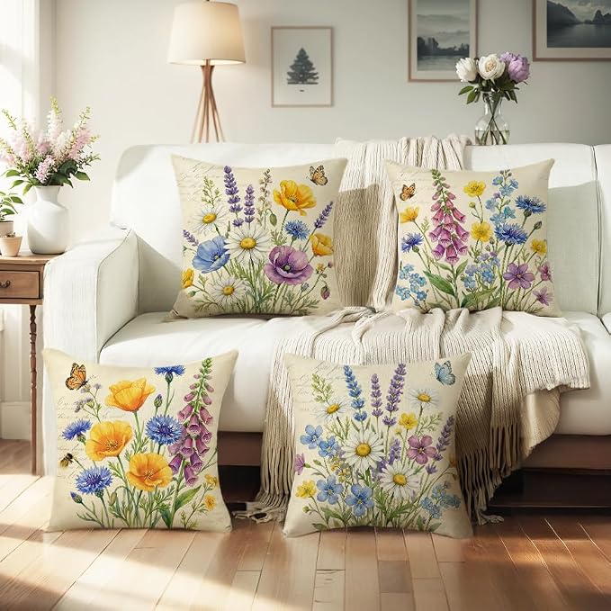 wyooxoo Throw Pillow Covers 16x16 Set of 4 Spring Pillow Covers Linen Flower Farmhouse Cushion Case for Sofa Couch Living Room Outdoor Home Decor