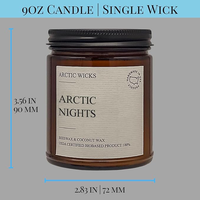 Arctic Wicks Scented Coconut Beeswax Candles | Coconut Beeswax Non Toxic Candle 9oz Amber | Farmhouse Candles Non-Toxic Clean Burn 100% USDA Certified Biobased (Arctic Nights)
