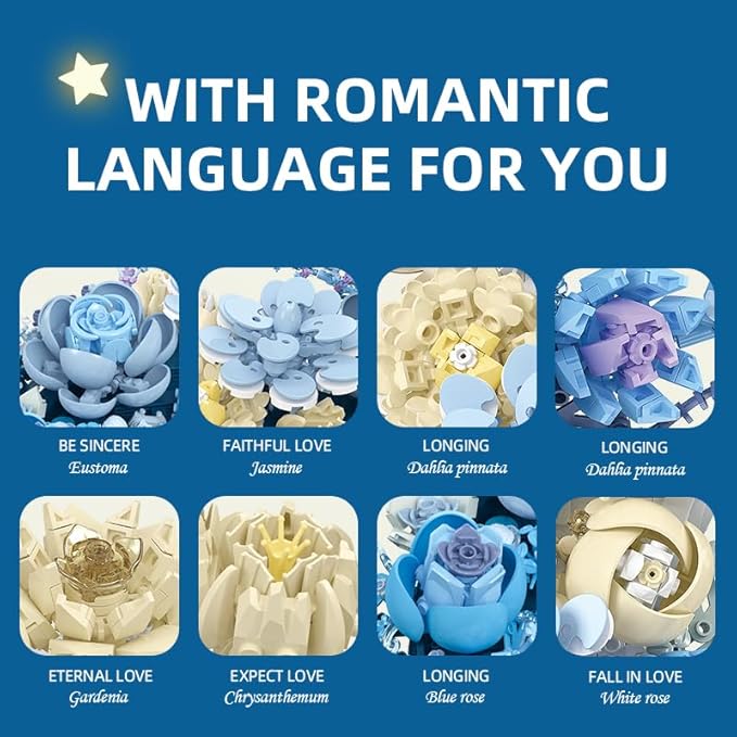 Blue Moon Flower Building Set, Botanical Collection Crescent-Shaped Artificial Flowers Building Blocks Kit Compatible with Lego for Adults or Kids Home Décor Wall Art Decoration