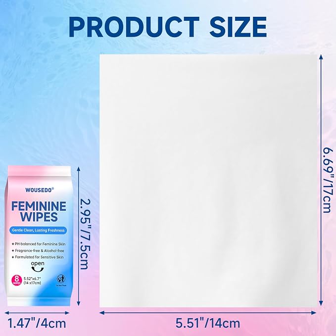 Feminine Wipes for Women, Impossibly Compact Travel Mini Packs, pH Balanced Unscented Hypoallergenic Alcohol-Free, Period Friendly Private Care for Teens & Women - 8 Pack Total 64 Wipes