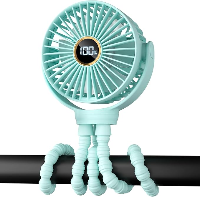Portable Stroller Mini Fan, Small Rechargeable Personal Fan, Travel Essentials for Baby, Wagon, Car Seat, Treadmill, Battery Powered Biking Gear Accessories, 360° Rotation, 3-Speed, Display, Aqua