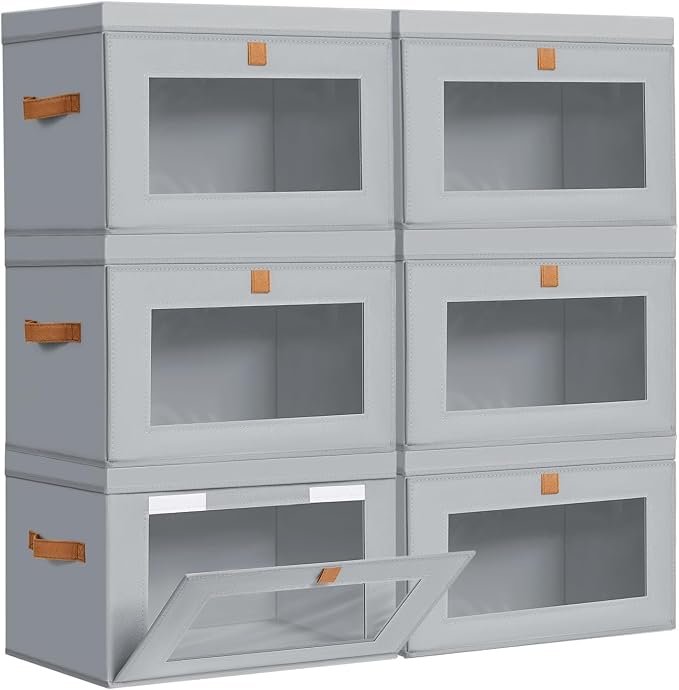 DIMJ Storage Bins with Lids - 6 Pack Large Fabric Closet Organizer with Window & Handles, Collapsible Decorative Storage Boxes for Shelves Under Bed, Books Clothes Blankets Sweaters Organization