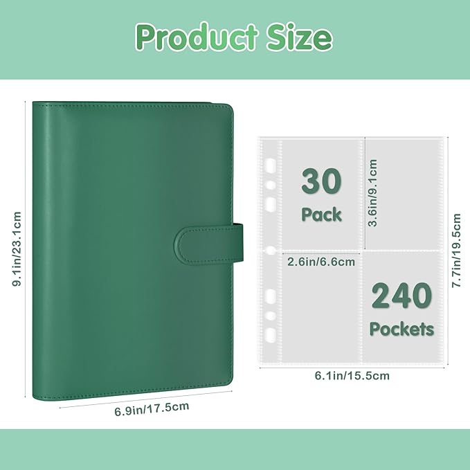 A5 Photocard Holder and Binder, PU Leather 6-Ring Album with Magnetic Closure, Includes 30 Pack 4-Pocket Pages for 240 Cards, Card Holder for Kpop, Trading, and ID Cards (Forest Green)