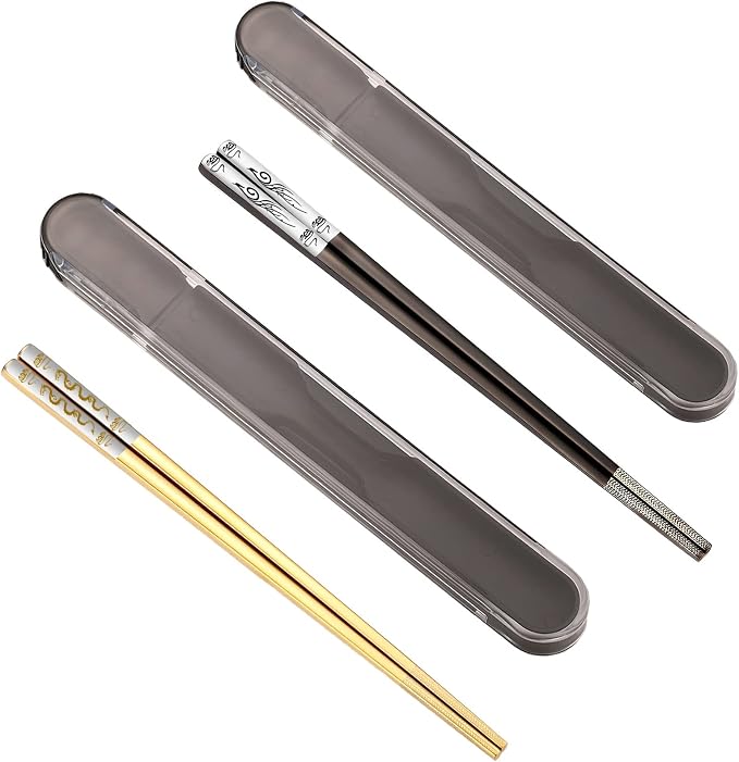 Chopsticks Reusable Metal Stainless Steel, Golden Dragon Black Phoenix | Titanium Plated, With Case, Dishwasher Safe, For School Home Office Outdoor Bento Box