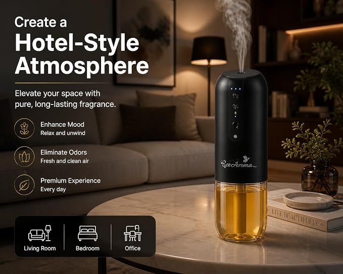 Cold Air Diffuser Machine for Home & Office – Waterless Aroma Diffuser, 150ml Capacity, Covers up to 100m², Bluetooth Control, Plug-in Hotel Style Scent System (Black)