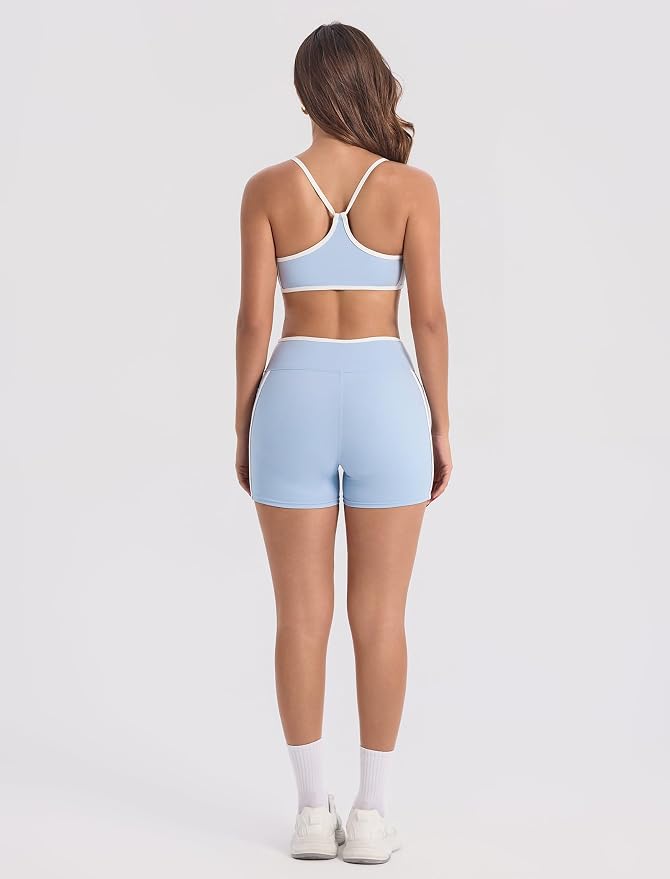ABOCIW Workout Sets for Women 2 Piece Color Block Strappy Sports Bra High Waist Shorts Gym Yoga Pilates Outfits