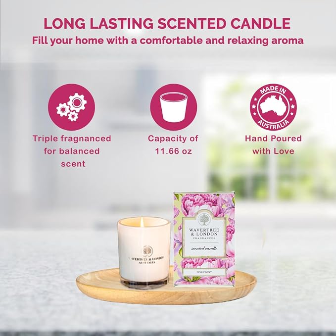 Wavertree & London Organic Pink Peony Scent Soy Wax Candle | Non Toxic 100% Cotton Wick Triple Scented Pure Natural Soy Wax Candles, Hand Poured in Australia | 60 Hours Burning Time, 11.66 Oz