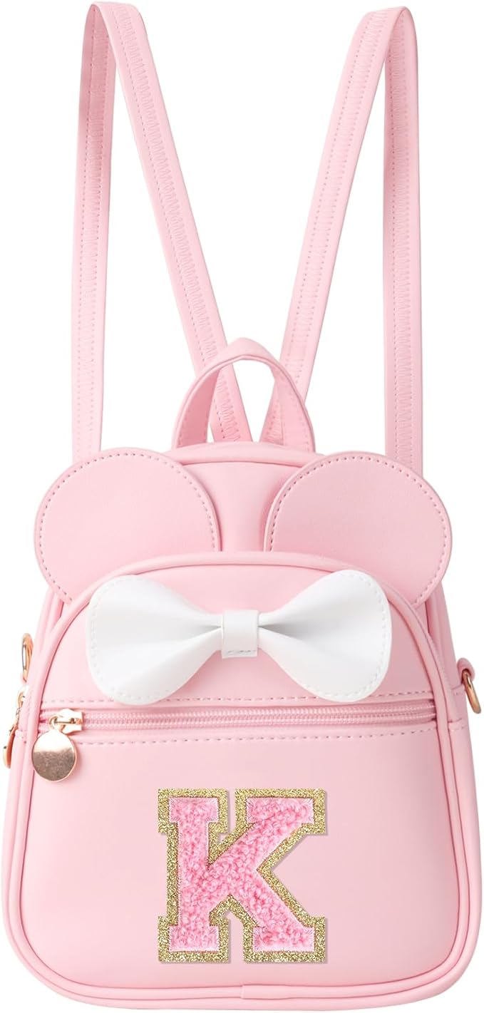 Personalized Toddler Backpack for Girls 3–10, Cute Mini Bowknot Mouse-Ear Toddler Bookbag Crossbody Purse, Small Daypack Wallet Set, Initial Birthday Gift, Trendy Little Kids/Teen Bag(Pink,K)