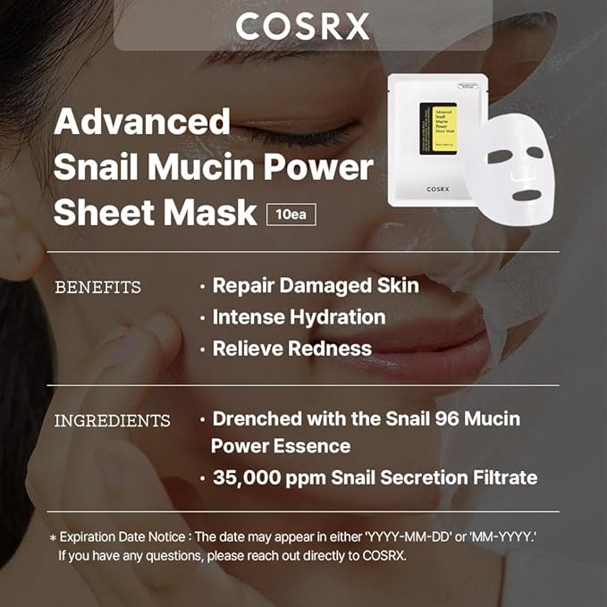COSRX Snail Mucin Sheet Mask 10 EA + Peptide Collagen Hydrogel Eye Patch, Korean Skin Care