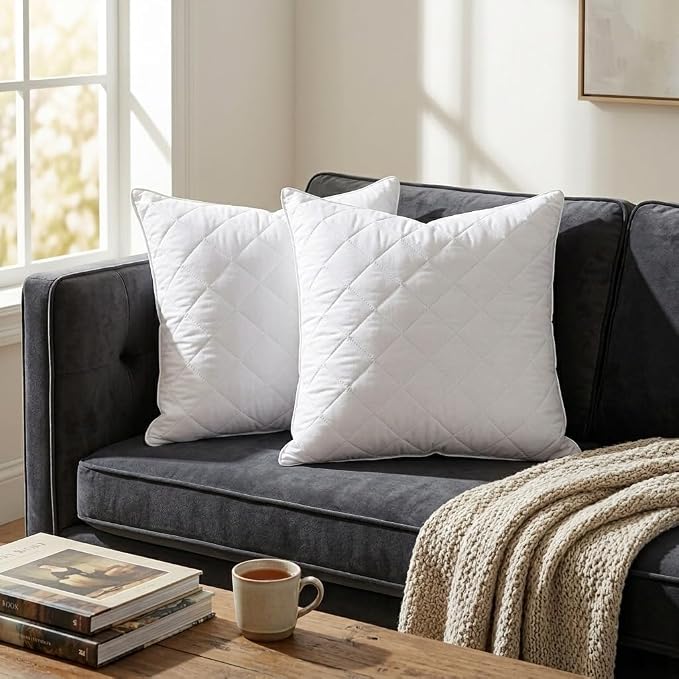 Qeils Quilted 18 x 18 Pillow Inserts Set of 2 White Throw Pillow Inserts with Soft Polyester Cover - Rectangle Square Sofa Quilting Pillow Inserts Decorative Pillow Insert White Couch Pillow