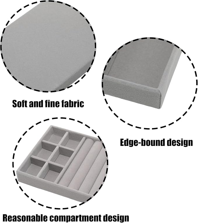 Velvet Jewelry Organizer Tray, Gray 3-in-1 | Stackable Jewelry Storage Display Tray with Removable Dividers for Drawer Dresser Cloest Organizer