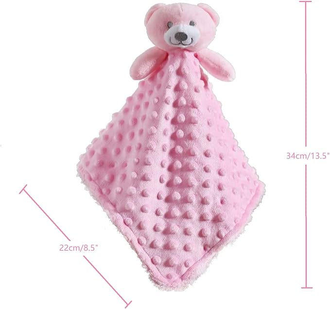 CREVENT Baby Comforting Security Blanket Lovey for Newborn Baby Girls Infants, Minky Dot Front + Sherpa Backing with Animal Face (Pink Bear)