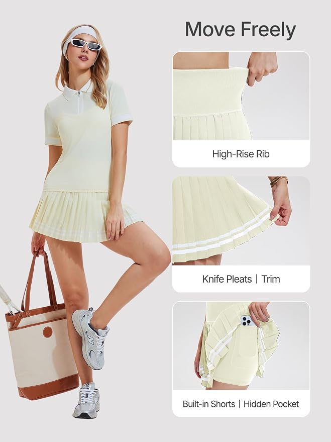 Women's 2-Piece Tennis Skirt Set, Polo V-Neck Top & High-Waisted Pleated Skirt, Athletic Outfit for Golf Pickleball