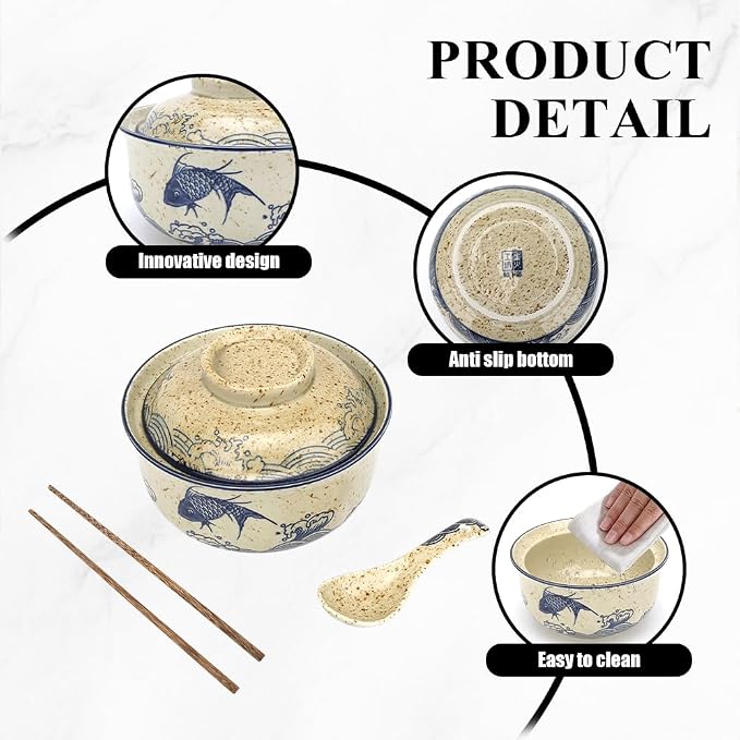 25 Oz Ceramic Ramen Bowl Set with Lid, Spoon & Chopsticks - Japanese Vintage Large Soup Bowl, Asian Tableware for Instant Noodles, Soup & Rice (Fish Pattern)