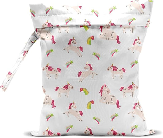 Unicorn Wet Dry Bag 12x10 Inch, Waterproof Reusable Wet Bag with Two Zippered Pockets & Handle for Swimsuit Travel Beach Pool Gym Stroller Dirty Yoga Gym Clothes Toiletries Daycare Organizer